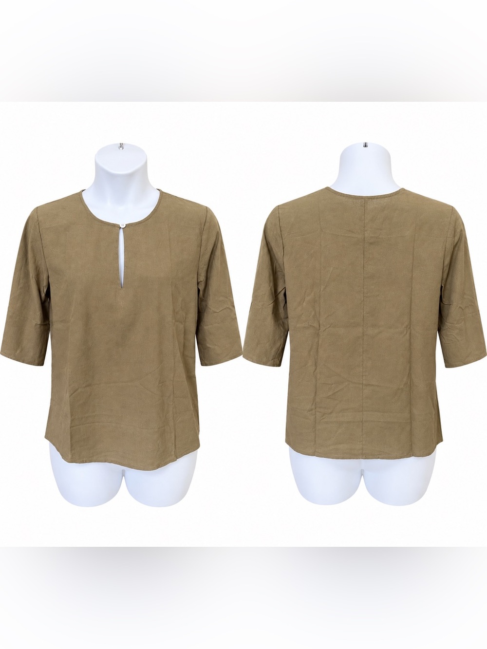 Khaki Linen Cotton Blouse Top XL 3/4 Sleeve Keyhole Neck